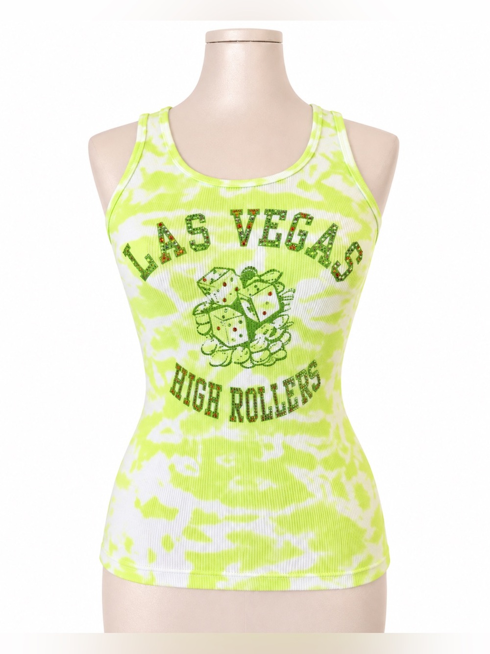 Bejeweled Las Vegas Neon Green Tie Dye Rhinestone Tank Top Small Y2K Vegas